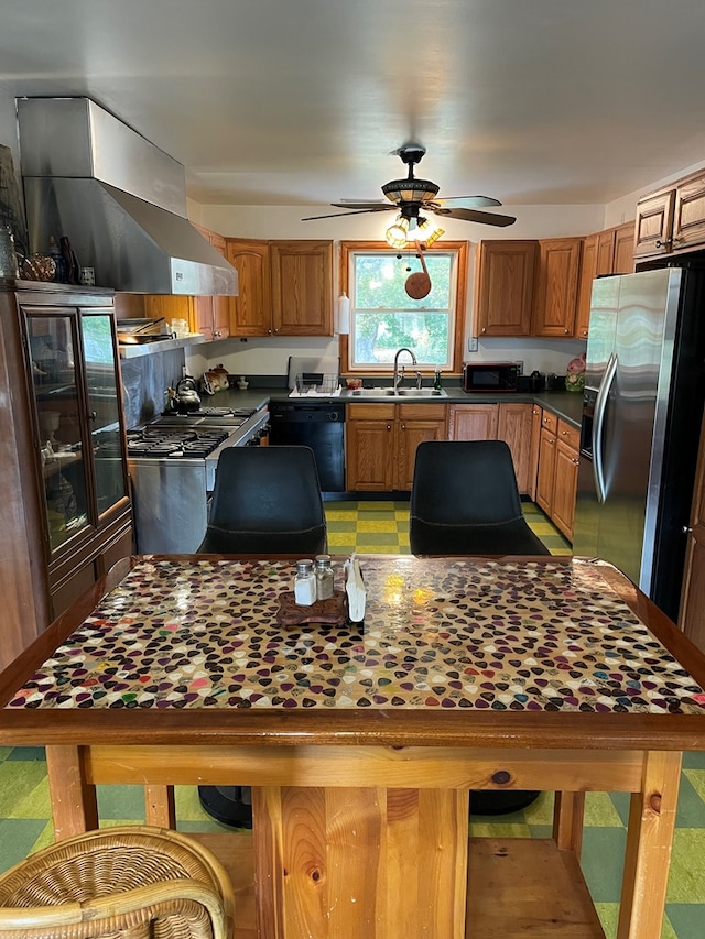 kitchen featuring island range hood, sink, ceiling fan, and appliances with stainless steel finishes