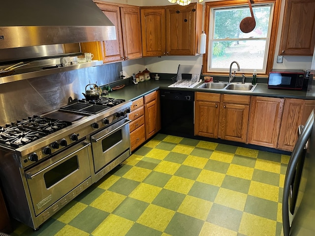 kitchen featuring sink, wall chimney exhaust hood, and black appliances