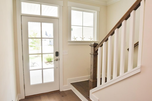 entryway featuring plenty of natural light, wood-type flooring, and ornamental molding