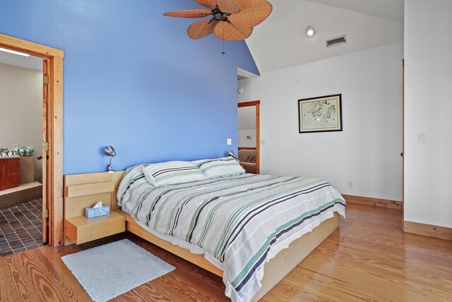 5095 Blake Point Rd, Chincoteague, VA 23336 - bedroom featuring wood finished floors, high vaulted ceiling, recessed lighting, and ceiling fan