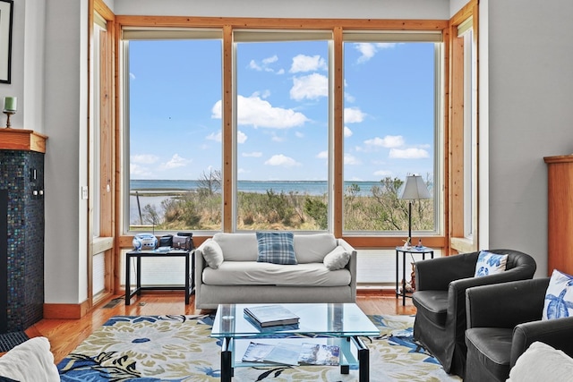 5095 Blake Point Rd, Chincoteague, VA 23336 - living room featuring a water view and light wood-style floors