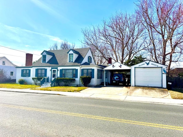 cape cod house featuring an outbuilding, roof with shingles, concrete driveway, a garage, and a carport