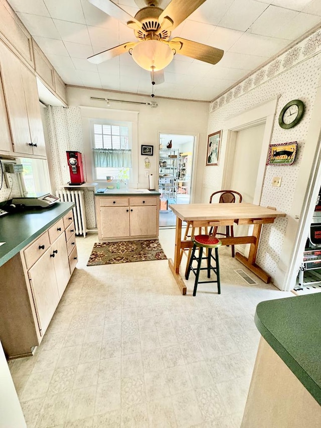 kitchen with ceiling fan, light brown cabinets, and radiator