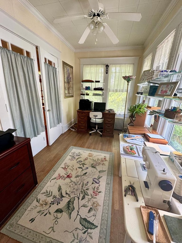 home office featuring ceiling fan, light hardwood / wood-style floors, and ornamental molding