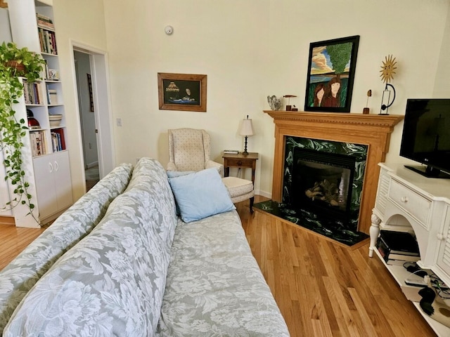 living room featuring hardwood / wood-style floors, built in shelves, and a high end fireplace