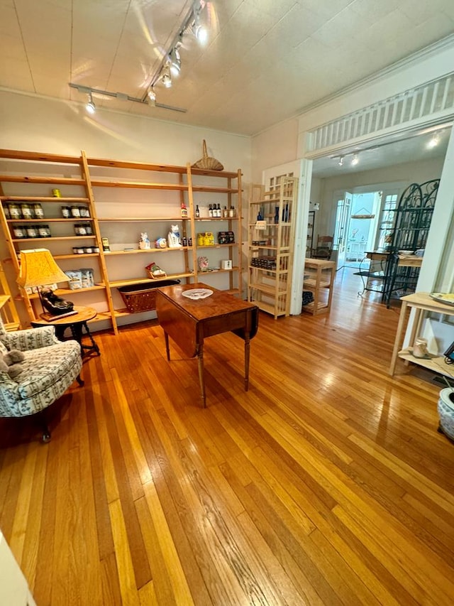 interior space featuring rail lighting and hardwood / wood-style flooring