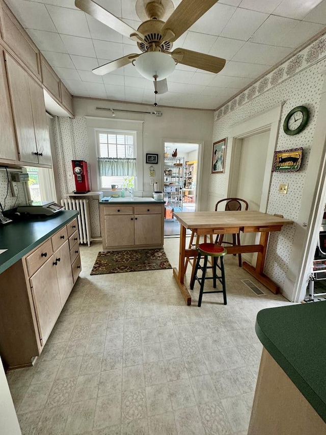 kitchen featuring radiator, ceiling fan, and light brown cabinets