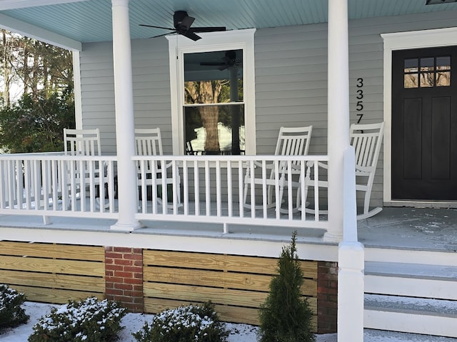 exterior space featuring covered porch and ceiling fan