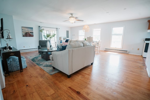 6345 Clark St, Chincoteague, VA 23336 - living area with a baseboard radiator, a ceiling fan, light wood finished floors, and plenty of natural light