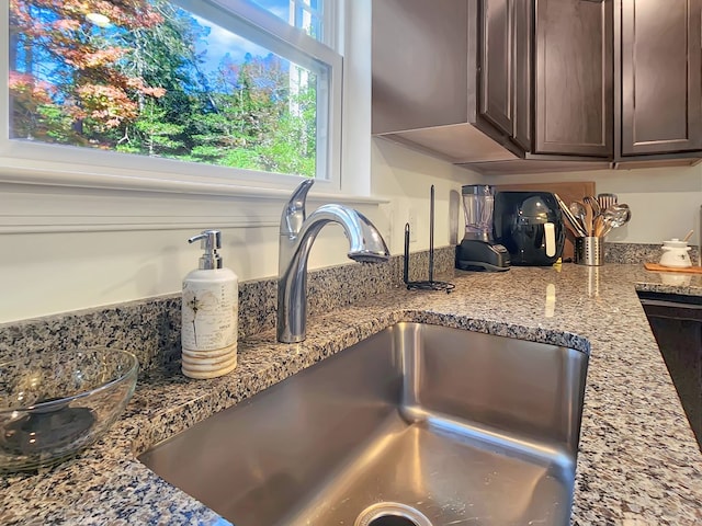 room details with light stone countertops, dark brown cabinets, and sink