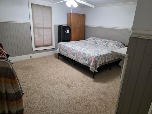 12 Justis St, Onancock, VA 23417 - carpeted bedroom with a wainscoted wall, a ceiling fan, and ornamental molding