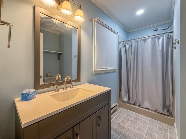 full bath featuring a shower with shower curtain, crown molding, and vanity