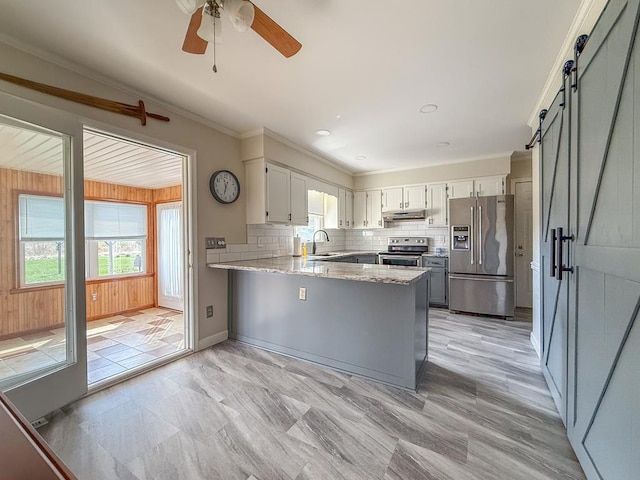 kitchen featuring a peninsula, appliances with stainless steel finishes, a barn door, a sink, and backsplash