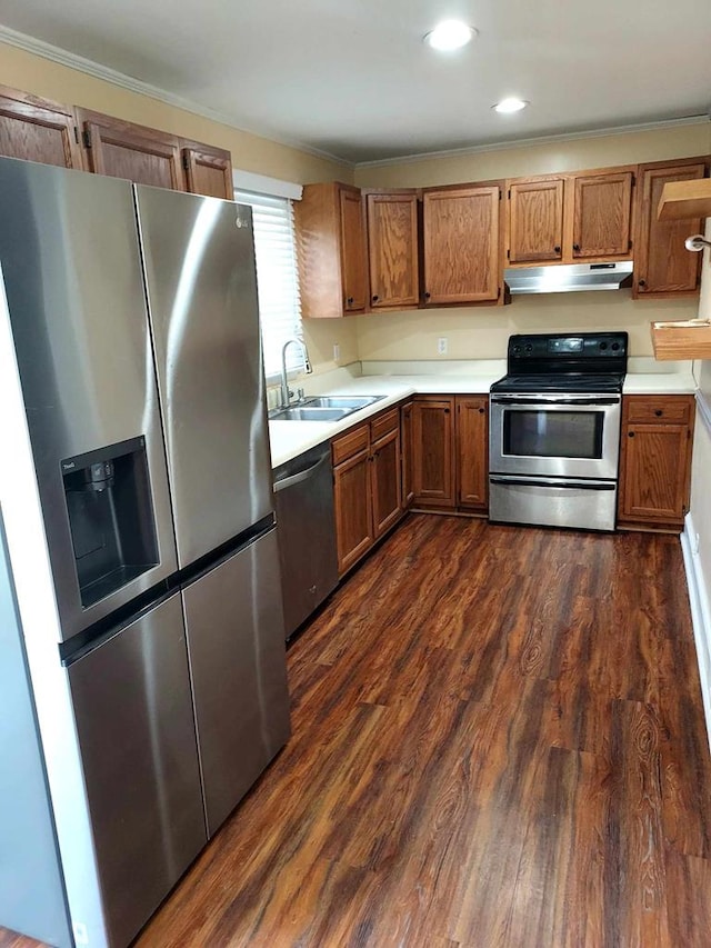 kitchen featuring crown molding, sink, dark hardwood / wood-style floors, and appliances with stainless steel finishes