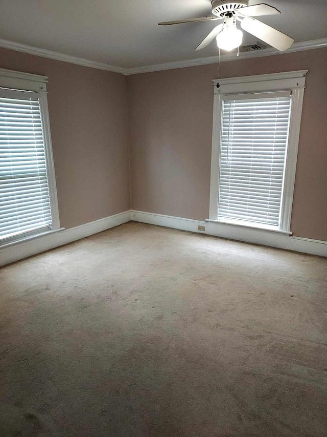 empty room featuring plenty of natural light, light colored carpet, and crown molding