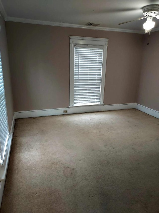 carpeted spare room featuring ceiling fan and crown molding