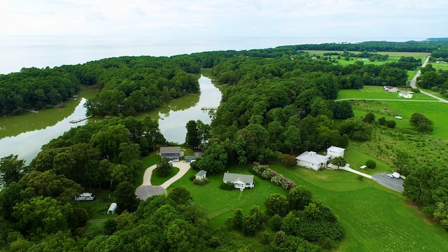 aerial view featuring a forest view and a water view