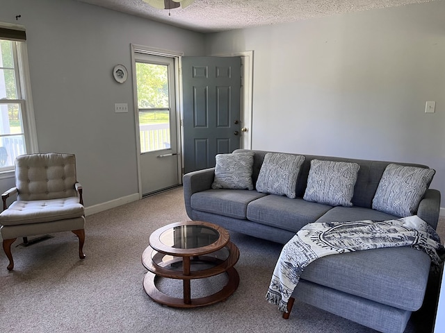 living room with light colored carpet, plenty of natural light, a textured ceiling, and baseboards