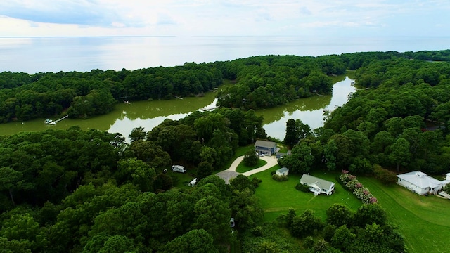 drone / aerial view with a water view and a forest view