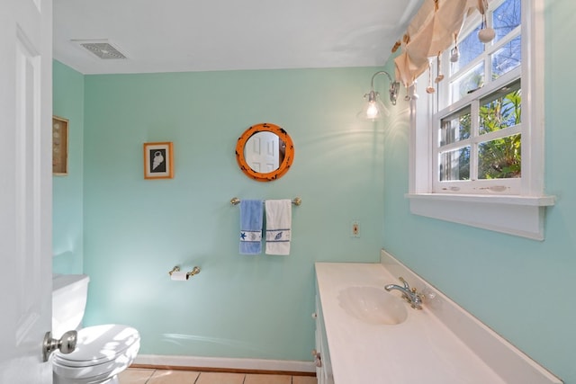 bathroom with tile patterned flooring, vanity, and toilet