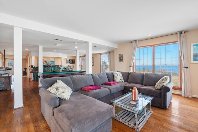 living room with hardwood / wood-style flooring, a water view, and billiards