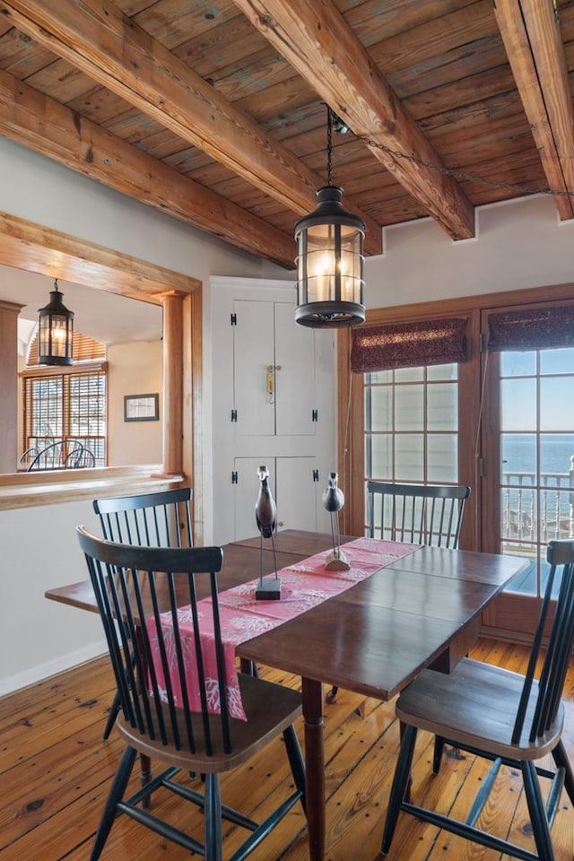 dining area featuring beam ceiling, hardwood / wood-style flooring, and wooden ceiling