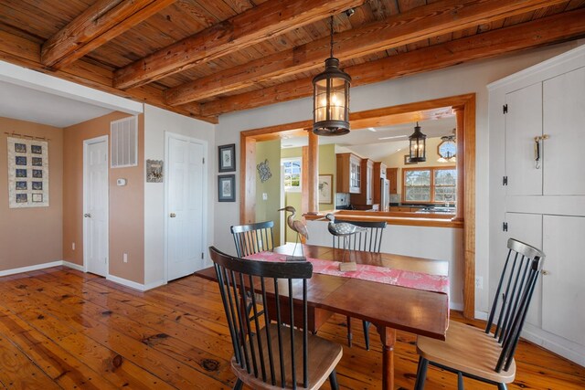 dining area with beam ceiling, light hardwood / wood-style flooring, and wooden ceiling