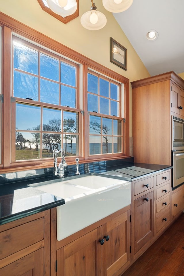 kitchen featuring stainless steel microwave, sink, dark wood-type flooring, decorative light fixtures, and vaulted ceiling