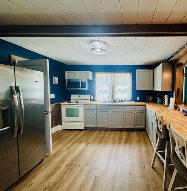 kitchen featuring wood ceiling, appliances with stainless steel finishes, a sink, and light wood-type flooring