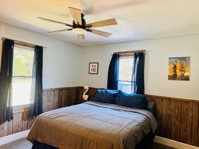 bedroom featuring wood walls, a wainscoted wall, and multiple windows