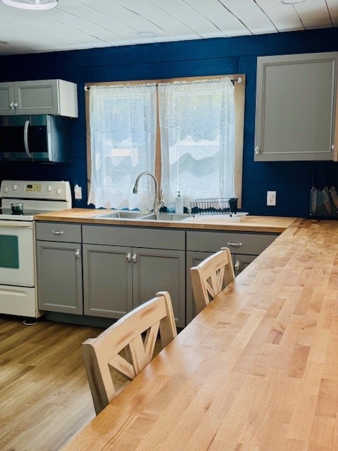 kitchen with plenty of natural light, a sink, stainless steel microwave, white range with electric cooktop, and butcher block countertops