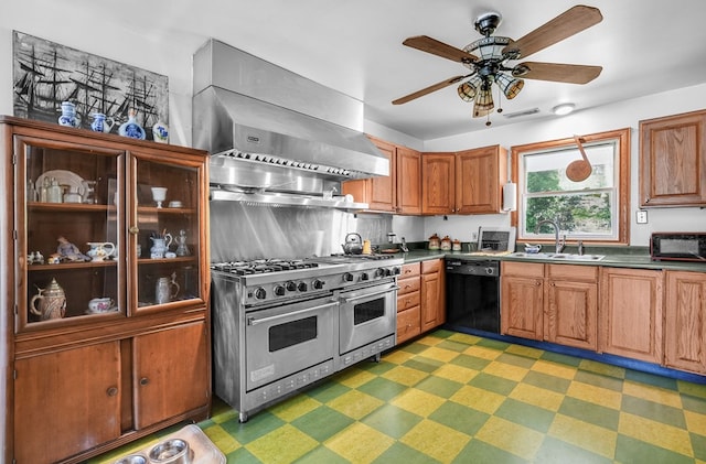28099 Harborton Rd, Harborton, VA 23389 - kitchen featuring dishwasher, double oven range, a sink, light floors, and ceiling fan