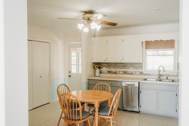 kitchen featuring stainless steel dishwasher, plenty of natural light, backsplash, and sink