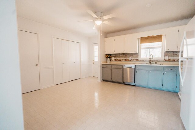 kitchen with decorative backsplash, ceiling fan, sink, dishwasher, and white cabinetry