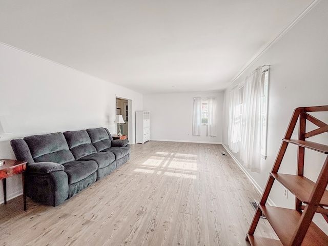 living room featuring light hardwood / wood-style floors and ornamental molding