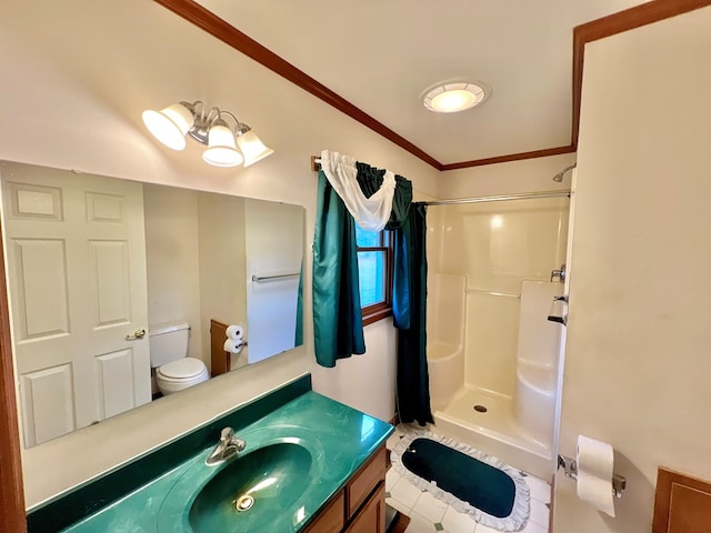 bathroom with vanity, crown molding, a shower, and toilet