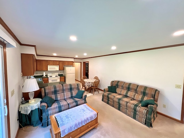 carpeted living room with crown molding