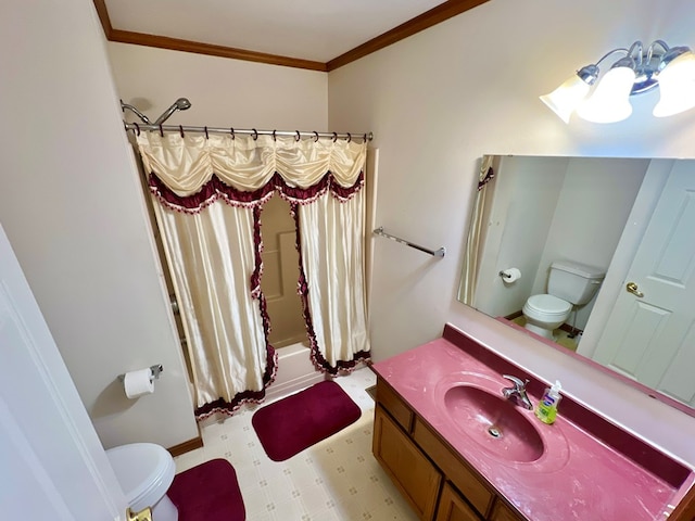 full bathroom with shower / bath combination with curtain, vanity, toilet, and ornamental molding