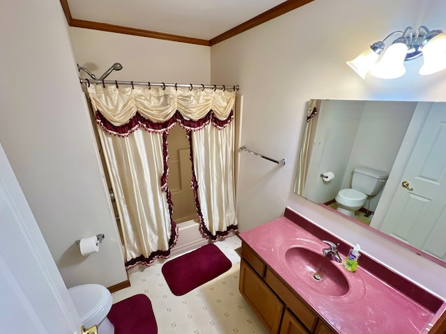 18095 Mappsburg Rd, Painter, VA 23420 - full bathroom with vanity, shower / tub combo with curtain, crown molding, and tile patterned floors