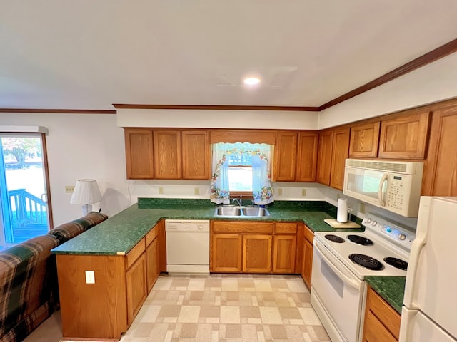 kitchen with crown molding, sink, white appliances, and kitchen peninsula