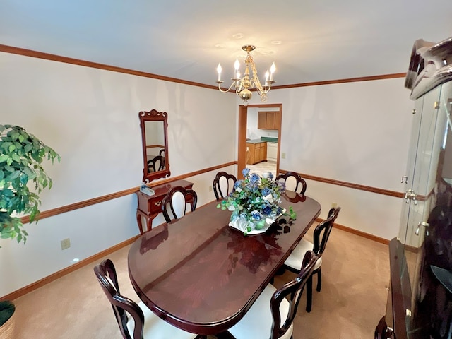 dining area with light carpet, ornamental molding, and a notable chandelier