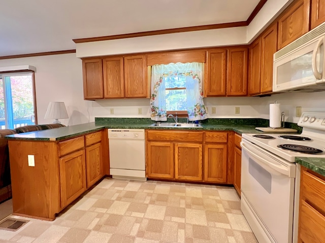 kitchen featuring kitchen peninsula, crown molding, sink, and white appliances