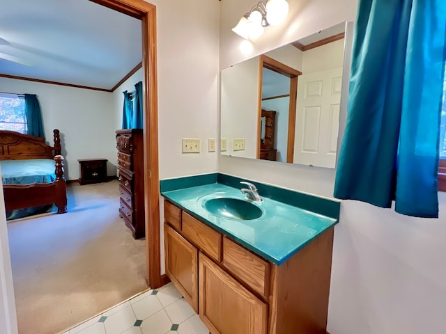 18095 Mappsburg Rd, Painter, VA 23420 - bathroom with vanity, ornamental molding, a ceiling fan, and ensuite bath