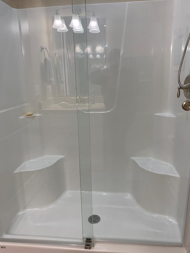 bathroom with a shower with shower door