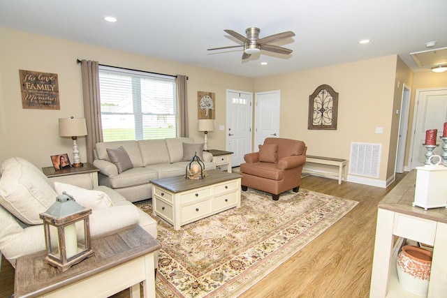 2265 Yardarm Dr, Greenbackville, VA 23356 - living room with visible vents, recessed lighting, light wood finished floors, and ceiling fan