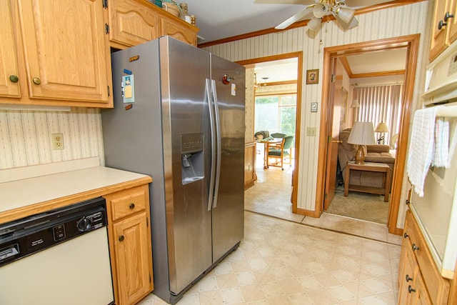 24324 Adams Hill Dr, Accomac, VA 23301 - kitchen with wallpapered walls, white dishwasher, stainless steel fridge, light floors, and a ceiling fan