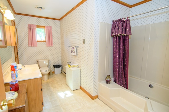 24324 Adams Hill Dr, Accomac, VA 23301 - bathroom with ornamental molding, toilet, vanity, wallpapered walls, and baseboards