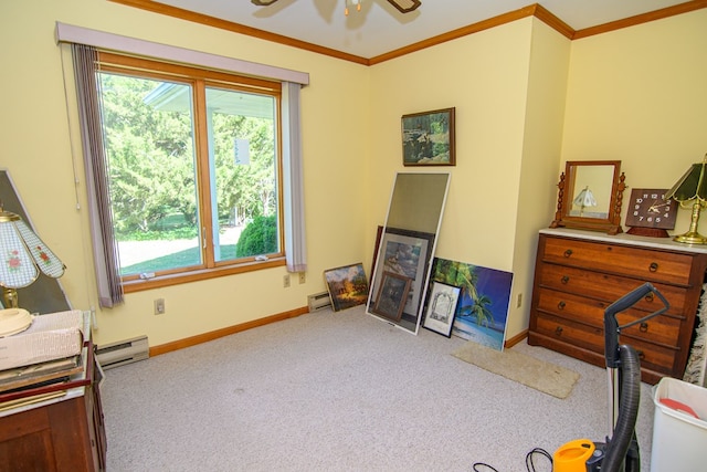 24324 Adams Hill Dr, Accomac, VA 23301 - bedroom featuring carpet flooring, baseboard heating, ornamental molding, baseboards, and a baseboard radiator