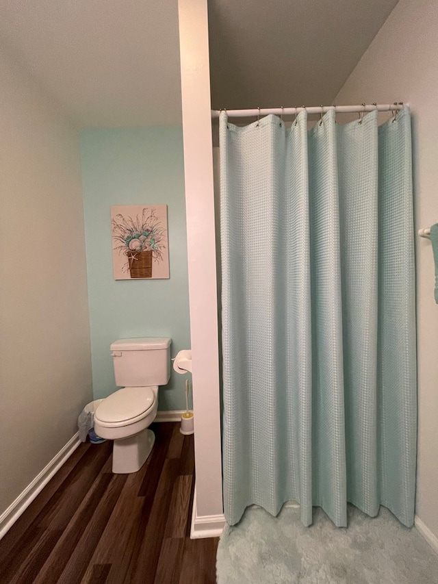 4097 Grand Bay Ct, Chincoteague, VA 23336 - bathroom with wood finished floors, toilet, baseboards, and curtained shower