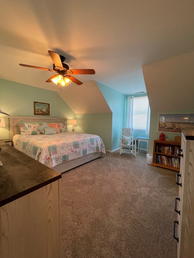 4097 Grand Bay Ct, Chincoteague, VA 23336 - bedroom with carpet, lofted ceiling, ceiling fan, and baseboards